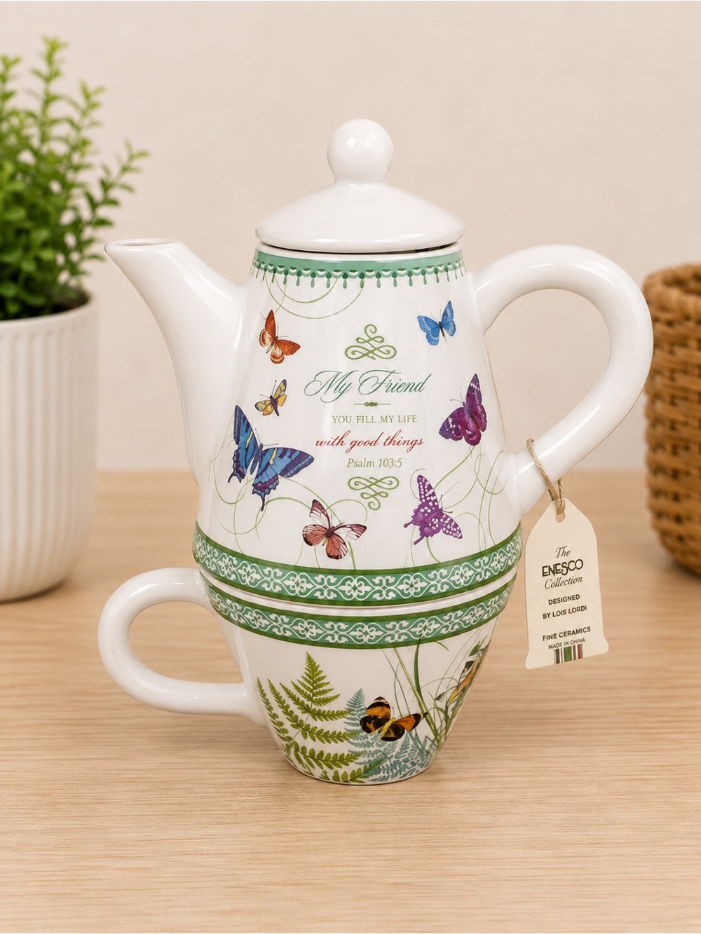 Enesco White Ceramic Butterfly Tea-for-One with Green Accents